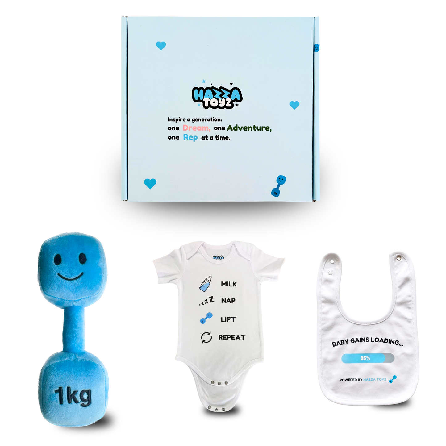 Lil Lifter Starter Set – Plush Dumbbell Toy + Bib + Bodysuit