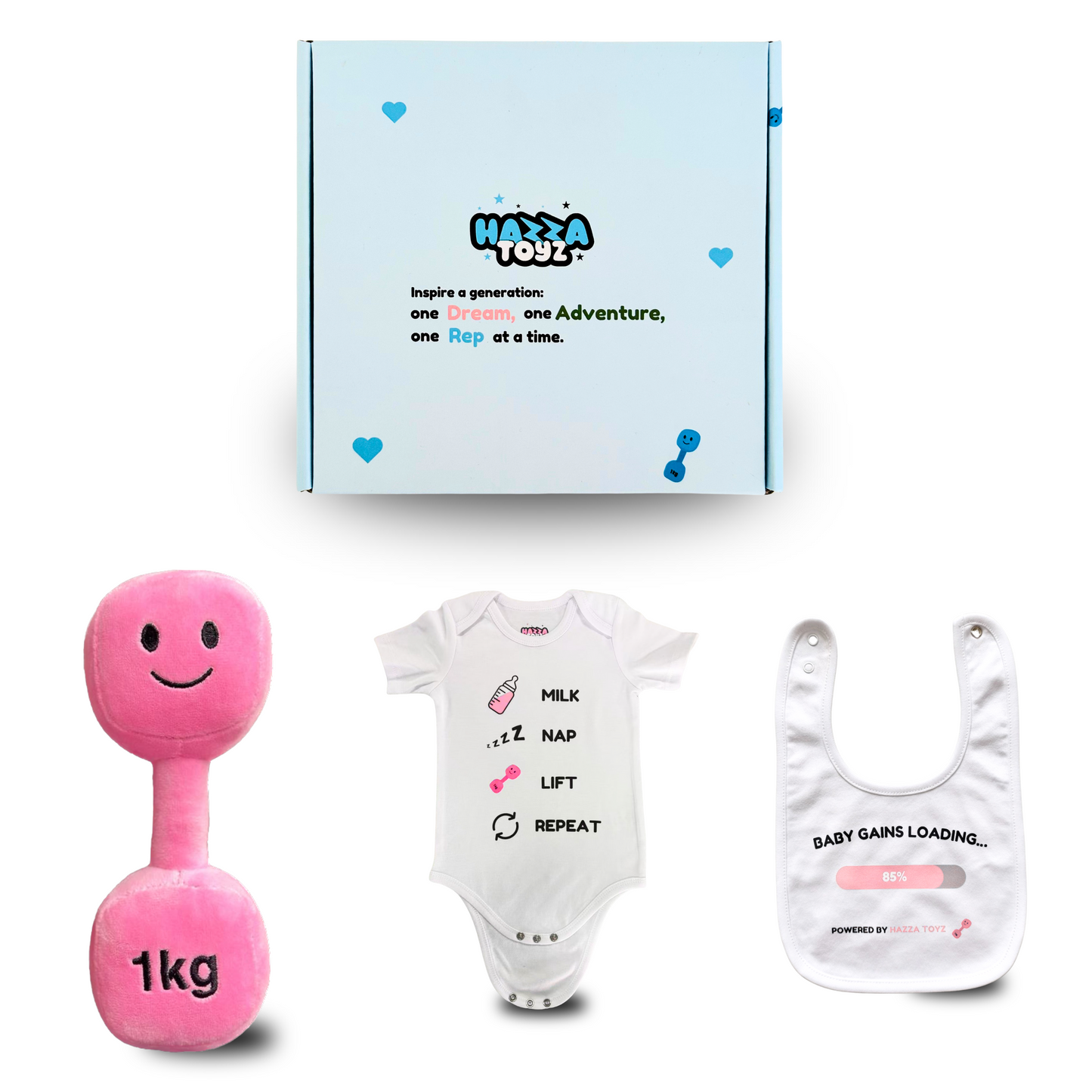 Lil Lifter Starter Set – Plush Dumbbell Toy + Bib + Bodysuit