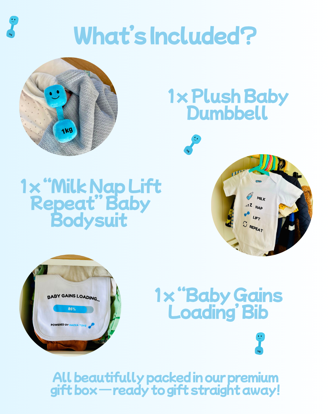 Lil Lifter Starter Set – Plush Dumbbell Toy + Bib + Bodysuit