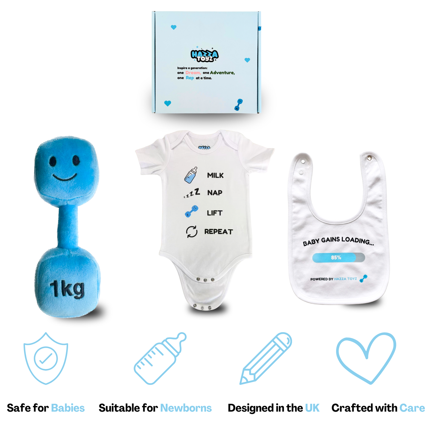 Lil Lifter Starter Set – Plush Dumbbell Toy + Bib + Bodysuit