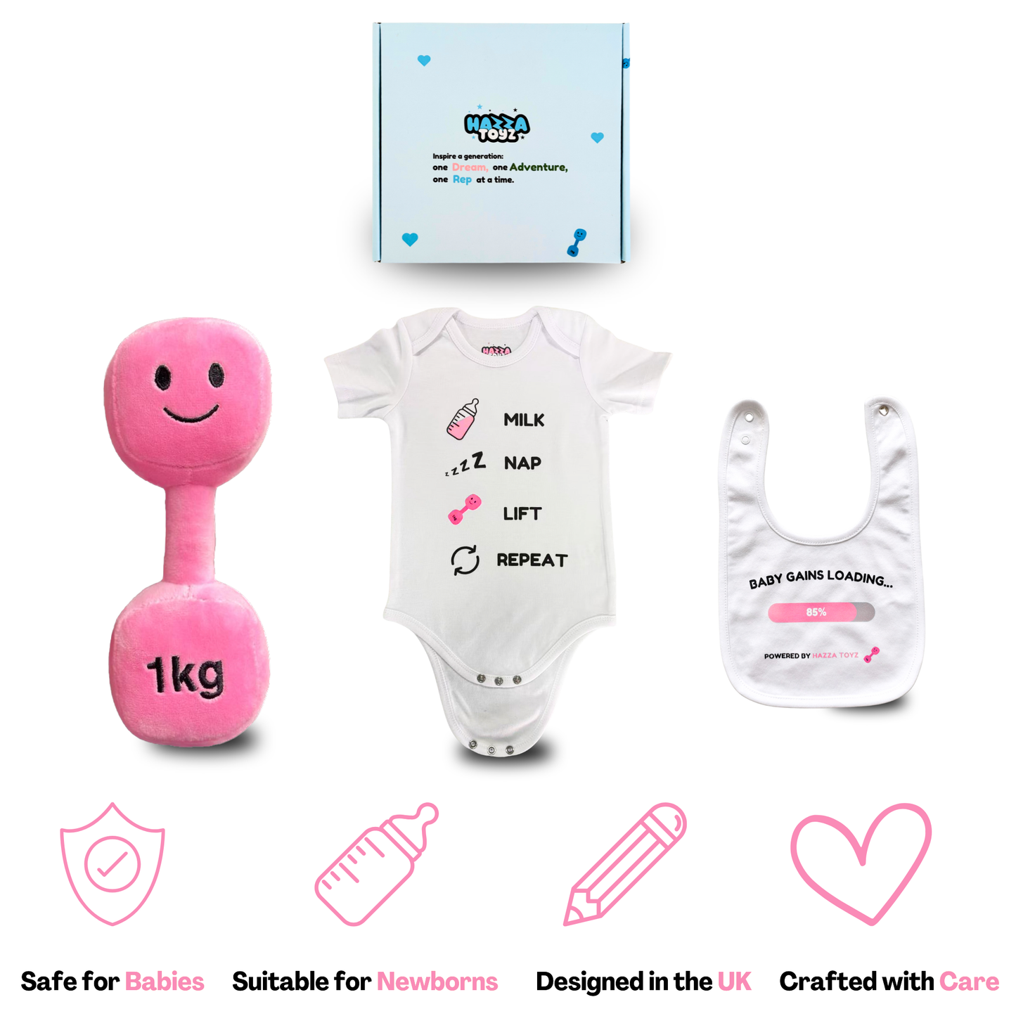 Lil Lifter Starter Set – Plush Dumbbell Toy + Bib + Bodysuit