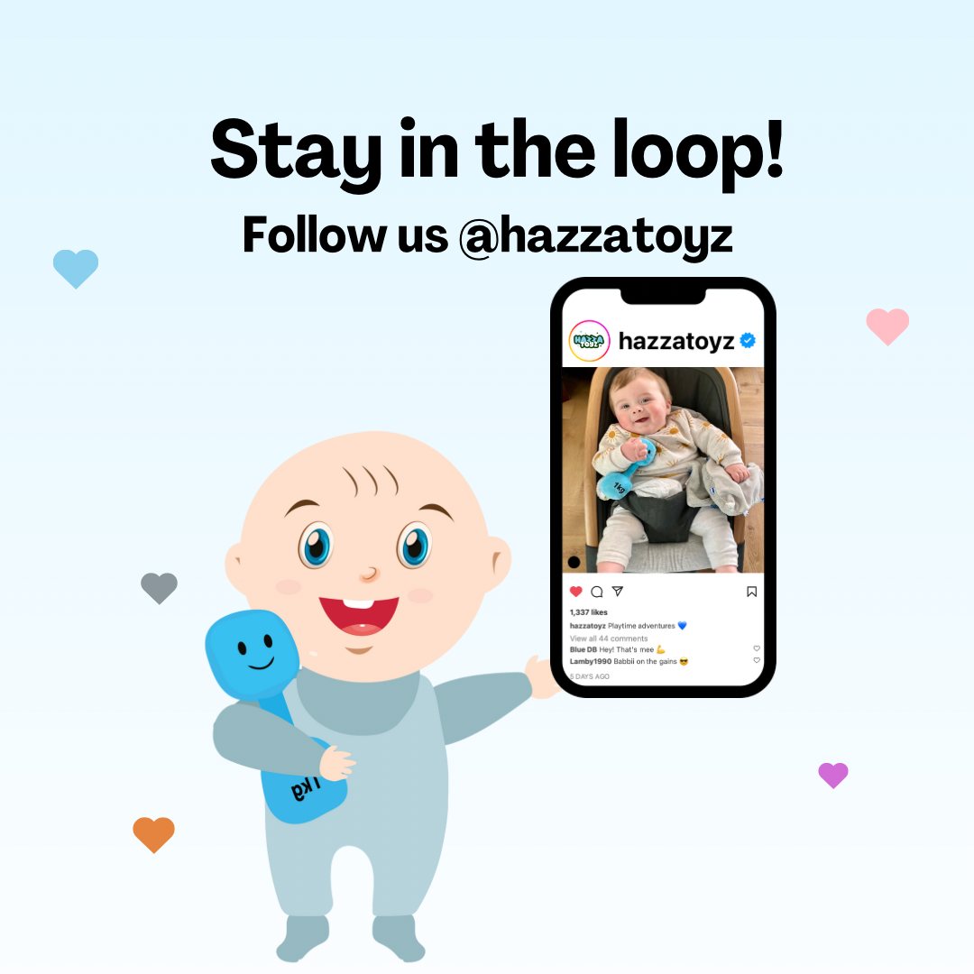 Cartoon baby holding a smiling blue plush dumbbell toy while showing a phone screen with a Hazza Toyz Instagram post of a real baby holding the same toy. Text above reads “Stay in the loop! Follow us @hazzatoyz” with colorful heart icons around the background.
