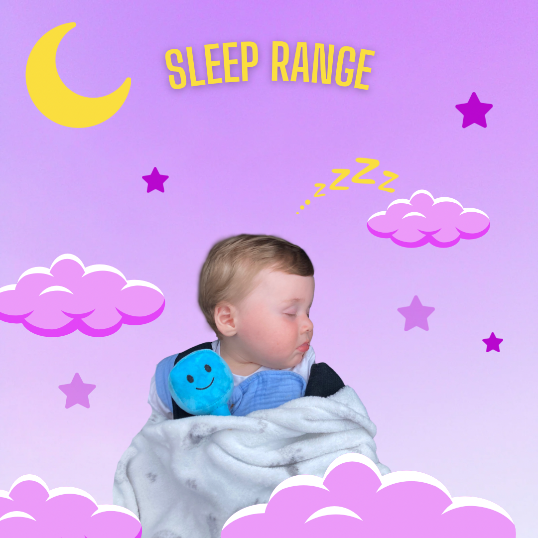 Baby peacefully sleeping while holding a blue plush dumbbell toy, wrapped in a soft white blanket, against a purple cartoon background with clouds, stars, a crescent moon, and the words “SLEEP RANGE” in yellow at the top.
