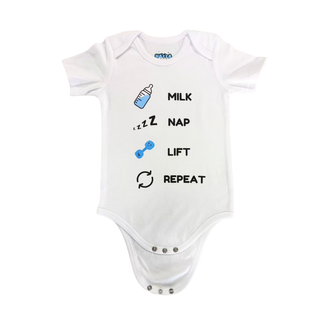 White baby bodysuit with Milk Nap Lift Repeat design featuring bottle, dumbbell, and arrows from Hazza Toyz