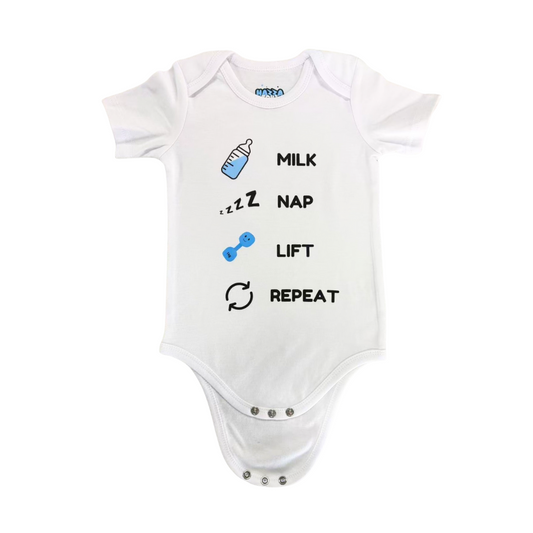 White baby bodysuit with Milk Nap Lift Repeat design featuring bottle, dumbbell, and arrows from Hazza Toyz