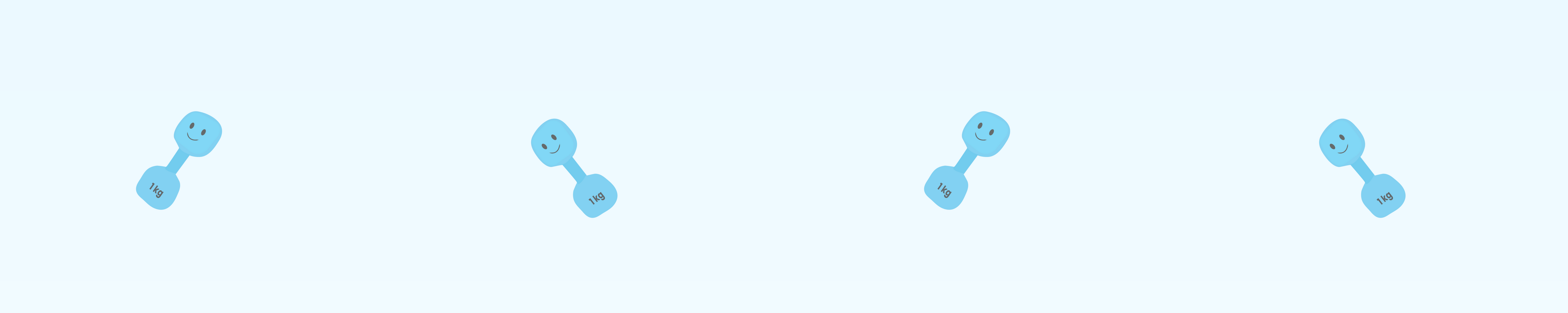 Row of four blue plush dumbbell illustrations with smiling faces, each labeled “1kg,” placed evenly across a light blue background.