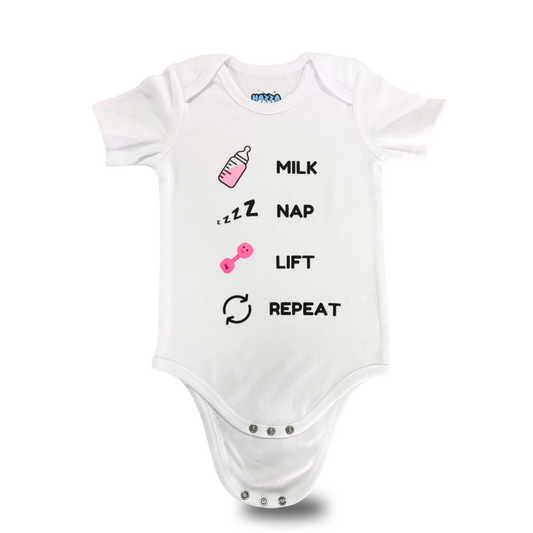 Baby Bodysuit – Milk Nap Lift Repeat – Candy Château Pink