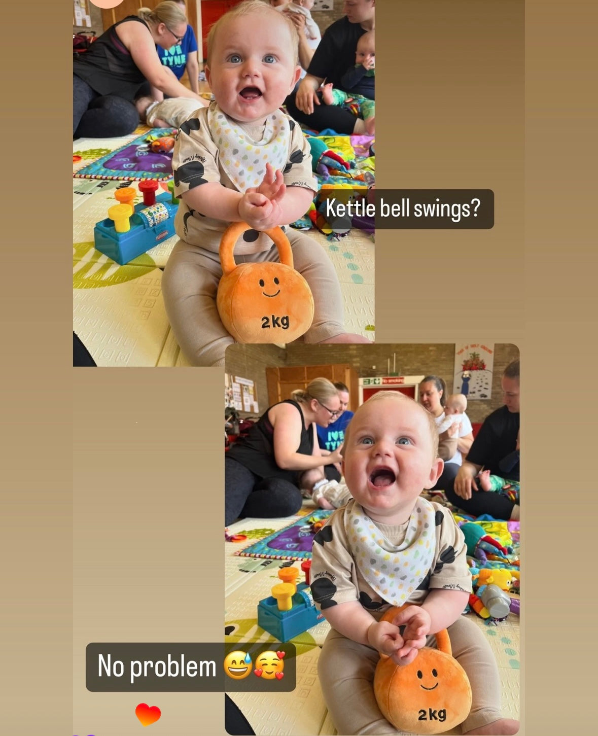 Happy baby sitting on play mat gripping Apricot Orange Hazza Toyz 2kg plush kettlebell toy – ideal funny gym baby gift for fitness-loving families at playgroup