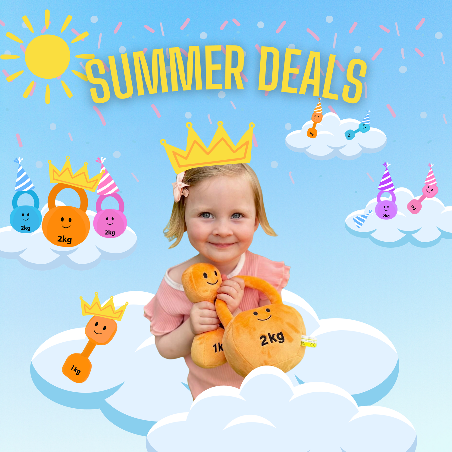 Smiling toddler wearing a golden crown, holding an orange plush dumbbell and kettlebell toy on a cloud background with cartoon sun, party hats, and the text “Summer Deals.”