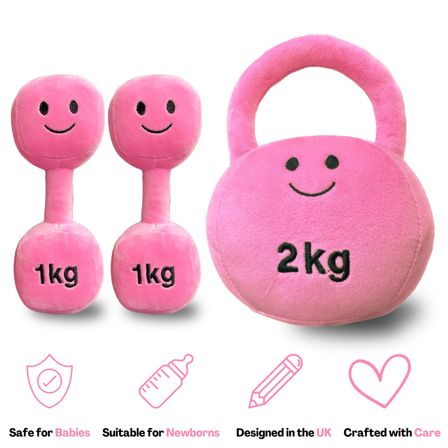 Candy Chateau set of pink plush baby toys – includes two 1kg dumbbells and one 2kg kettlebell with smiling faces, soft and safe for newborns and toddlers.