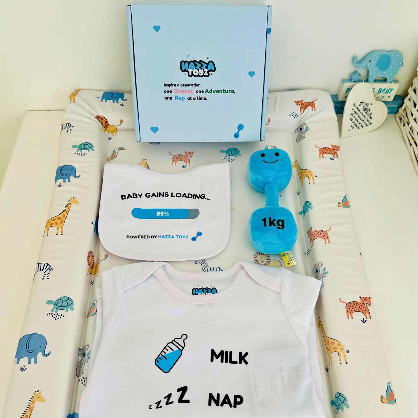 Lil Lifter Starter Set – Plush Dumbbell Toy + Bib + Bodysuit