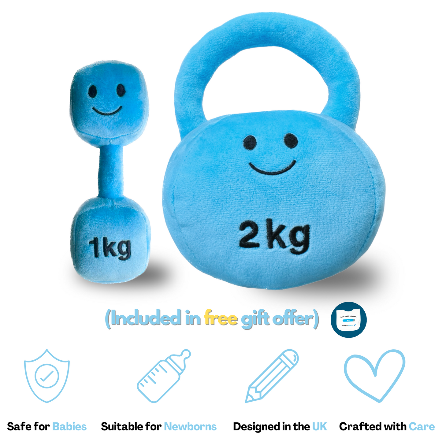 Blue plush dumbbell and kettlebell toy set with smiling faces, baby-safe, suitable for newborns, designed in the UK, crafted with care — included in free gift offer.