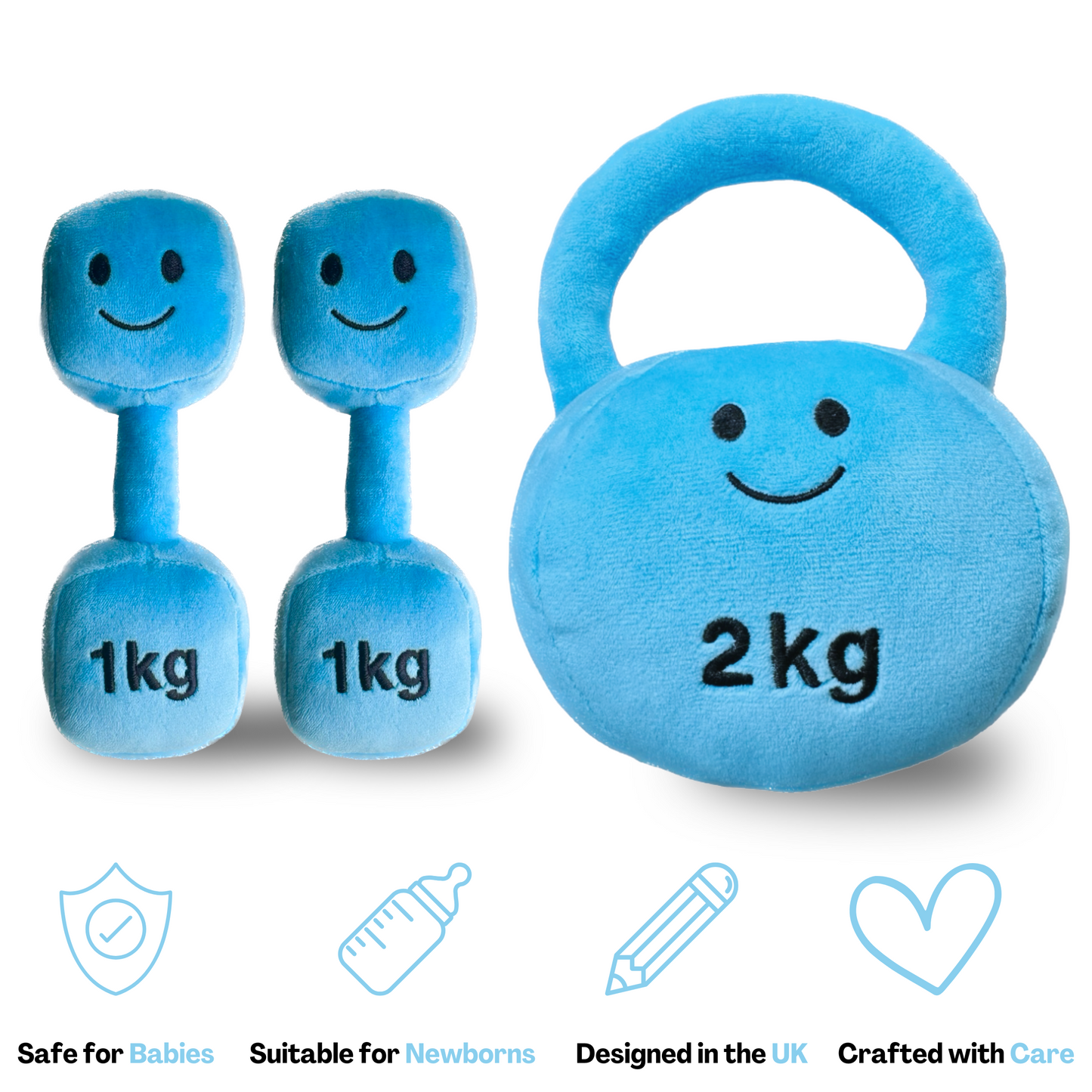 Set of blue plush baby toys shaped like two 1kg dumbbells and one 2kg kettlebell with smiling faces, safe and soft for newborn sensory play.