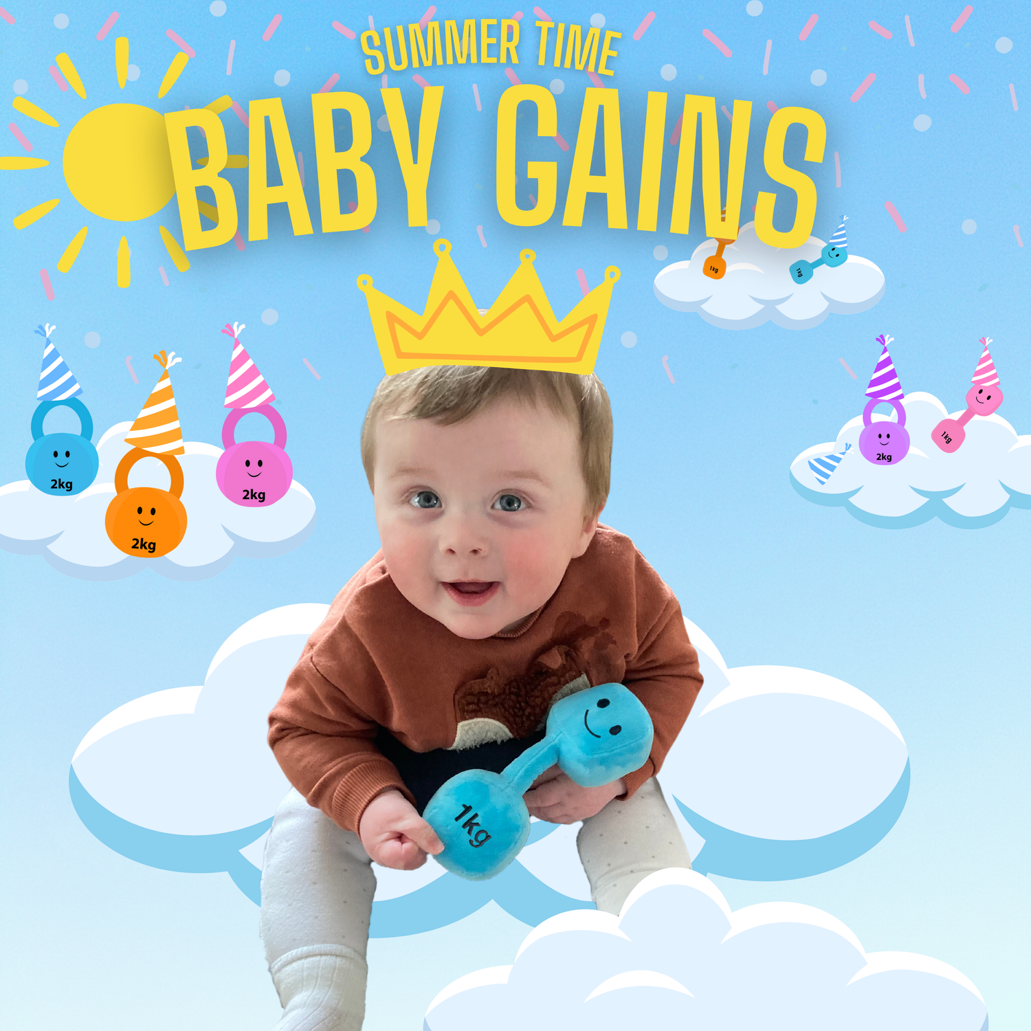 Smiling baby holding a blue plush dumbbell toy with crown illustration, clouds, and colorful kettlebell graphics, with text “Summer Time Baby Gains.”