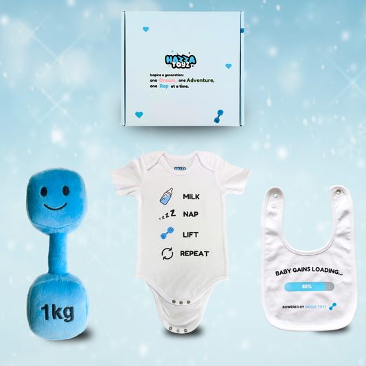 Lil Lifter Starter Set – Plush Dumbbell Toy + Bib + Bodysuit