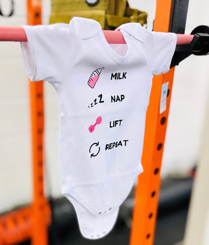 Baby Bodysuit – Milk Nap Lift Repeat – Candy Château Pink