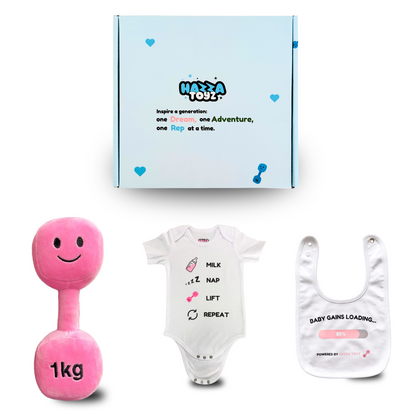 Lil Lifter Starter Set – Plush Dumbbell Toy + Bib + Bodysuit