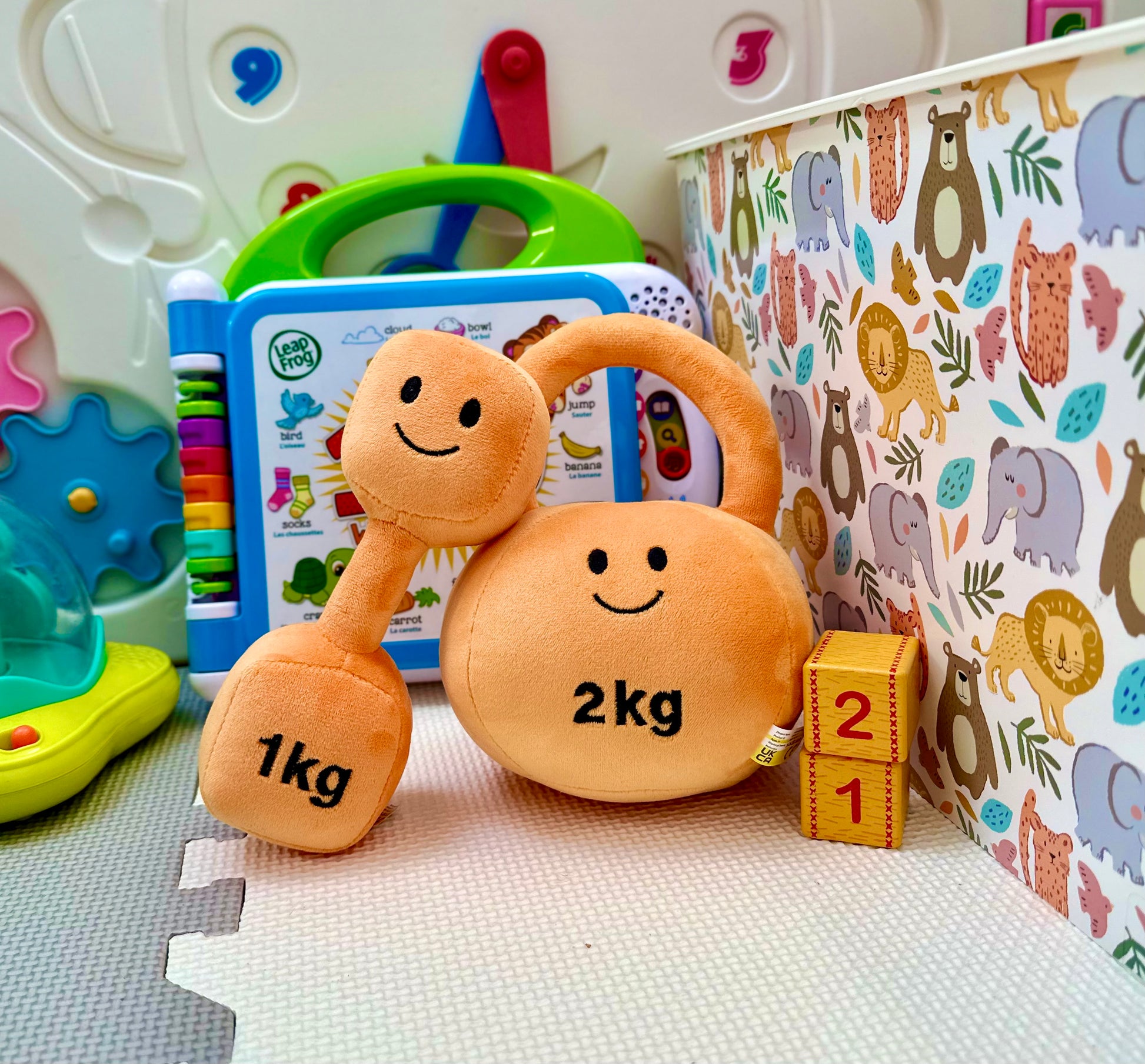 plush baby toy dumbbell apricot orange toddler sensory play soft child friendly playtime cuddly baby first gift gifts  baby showers shower rattle kettlebell