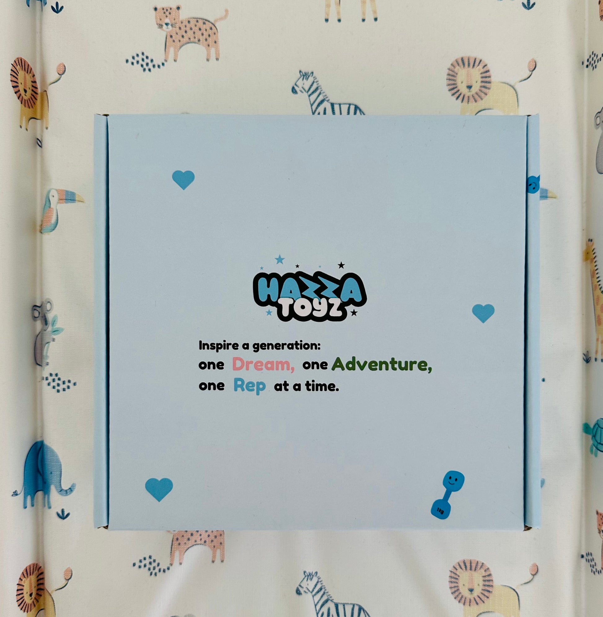 Blue box with 'HAZA TOYZ' branding on a patterned background