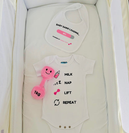 Baby Bodysuit – Milk Nap Lift Repeat – Candy Château Pink