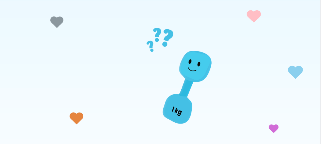 Blue cartoon weight with question marks and hearts on a light blue background