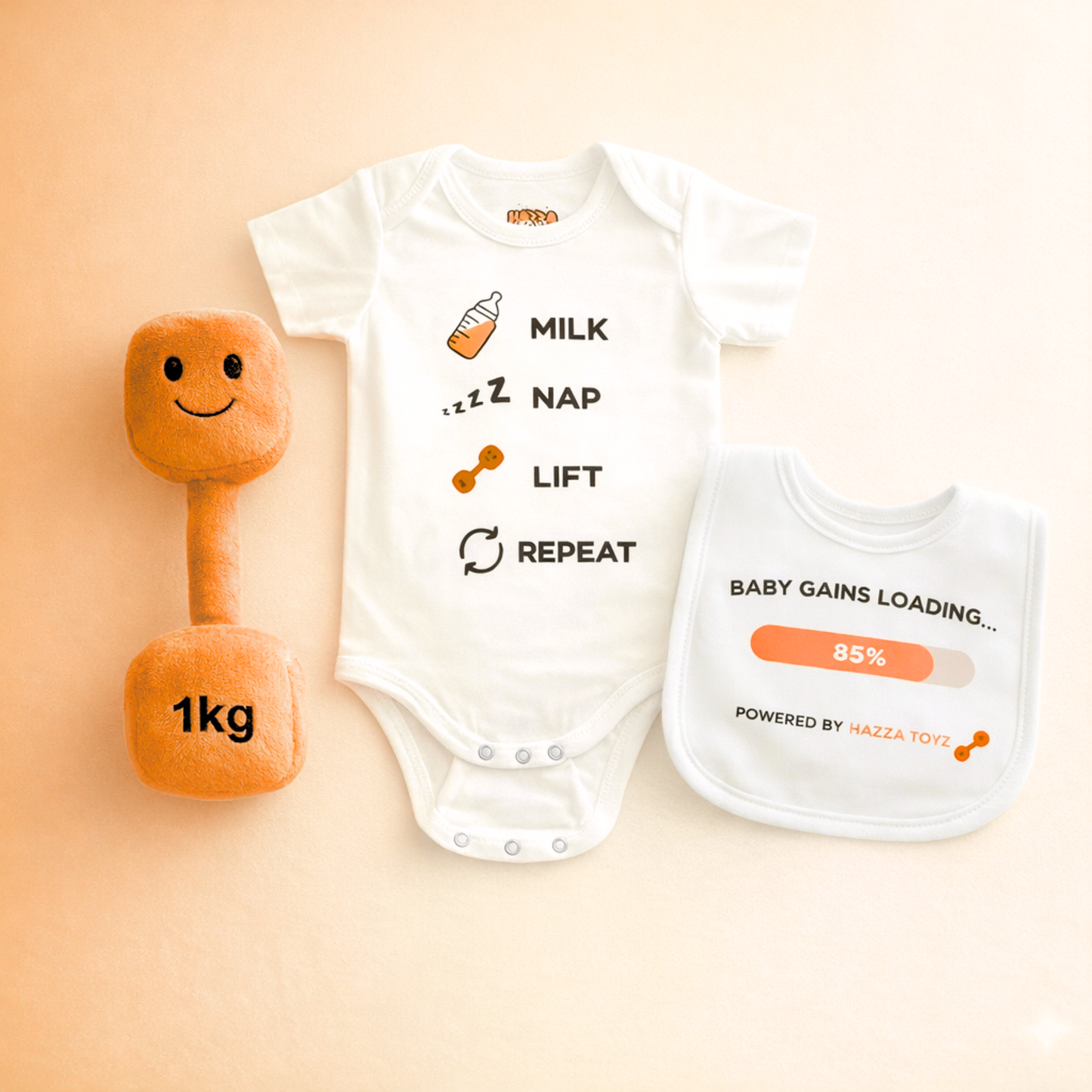 Lil Lifter Starter Set – Plush Dumbbell Toy + Bib + Bodysuit