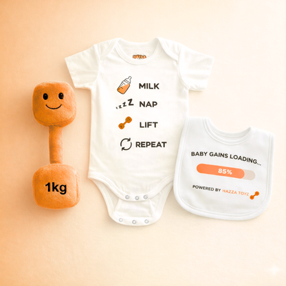 Lil Lifter Starter Set – Plush Dumbbell Toy + Bib + Bodysuit