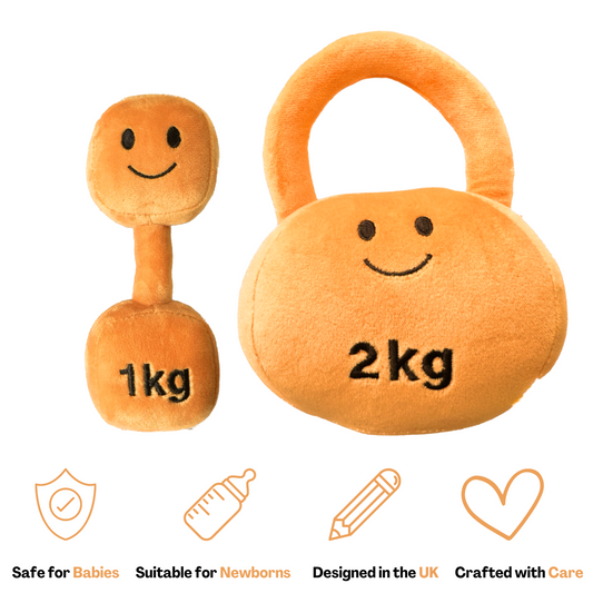 Hazza Toyz Apricot Orange dumbbell and kettlebell set, soft plush toys for babies and toddlers, ideal for sensory play and motor skill development