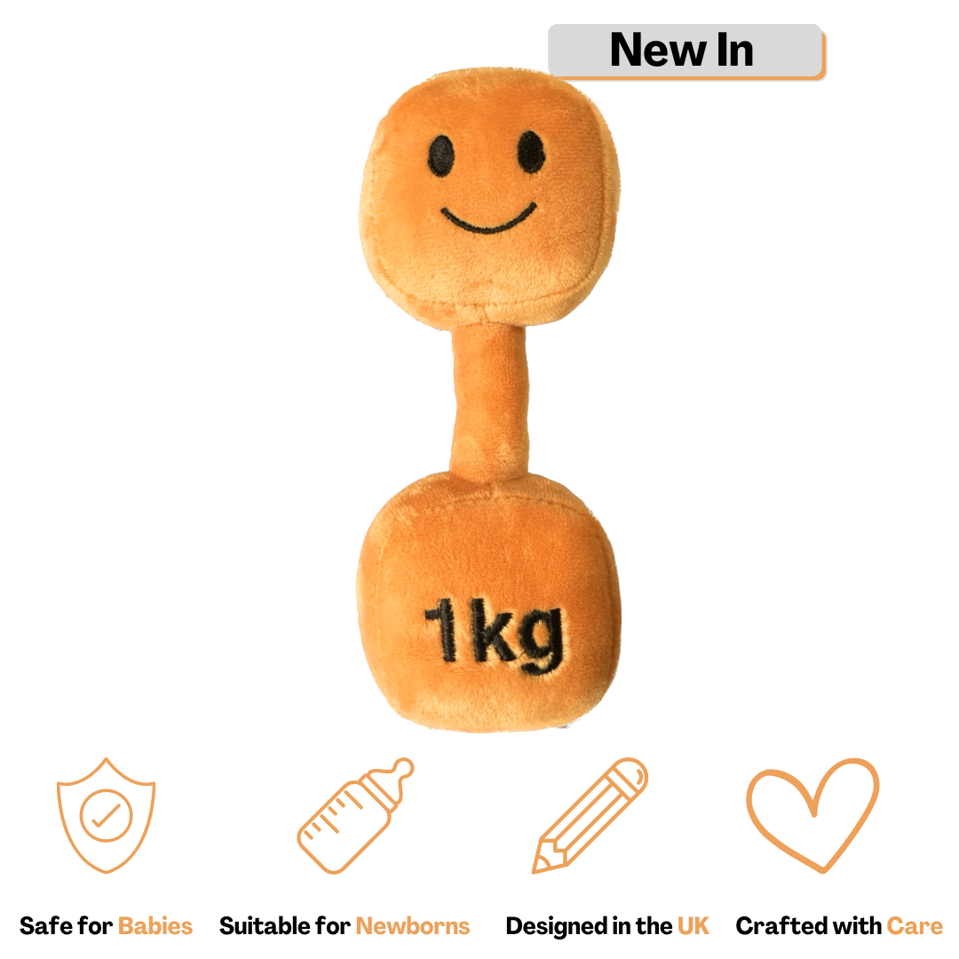 Hazza Toyz Apricot Orange dumbbell, soft plush toy designed for babies and toddlers, promoting sensory play and motor skill development