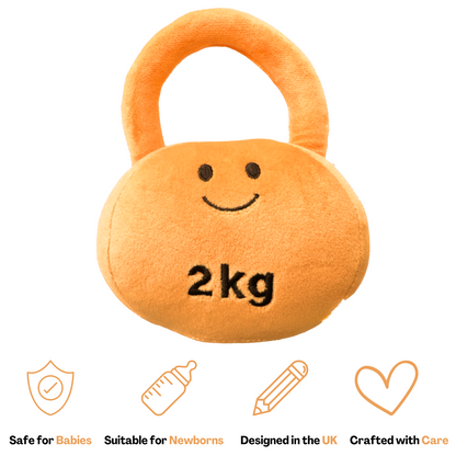 Hazza Toyz Apricot Orange kettlebell, soft plush toy for toddlers, promoting sensory play and motor skill development