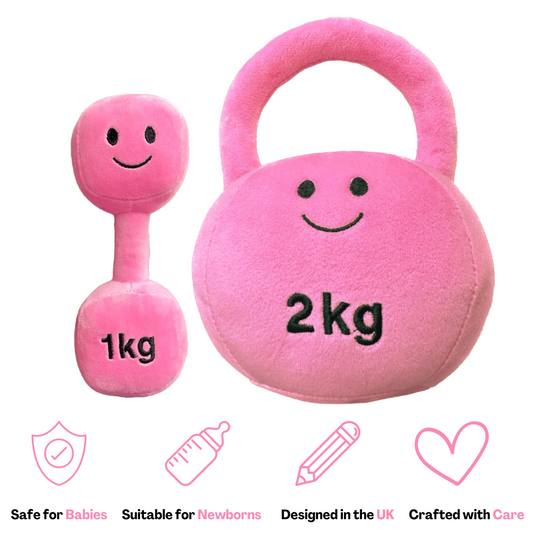 Hazza Toyz Candy Chateau Pink dumbbell and kettlebell pack, plush sensory toys designed for toddlers' motor skills and fun interactive play