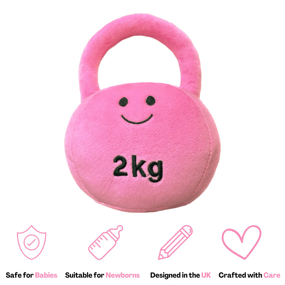 Hazza Toyz Candy Chateau Pink kettlebell, soft plush toy designed for babies and toddlers, promoting sensory play and motor skill development