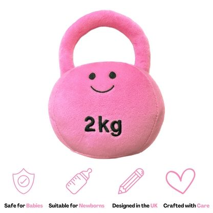 Hazza Toyz Candy Chateau Pink kettlebell, soft plush toy designed for babies and toddlers, promoting sensory play and motor skill development