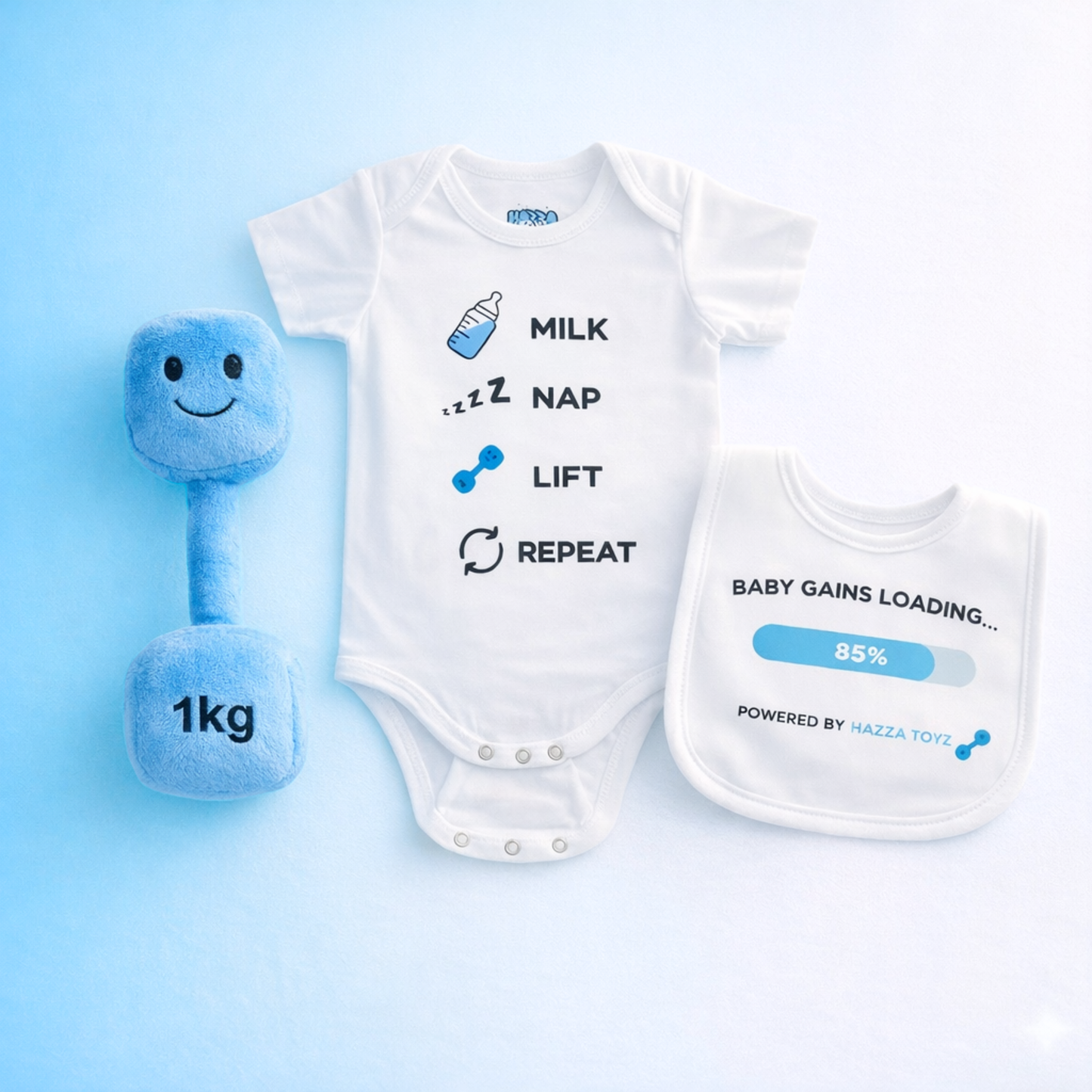 Lil Lifter Starter Set – Plush Dumbbell Toy + Bib + Bodysuit