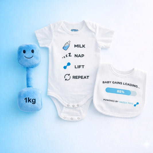 Lil Lifter Starter Set featuring Mystic Blue plush 1kg dumbbell, Milk Nap Lift Repeat bodysuit and Baby Gains Loading bib