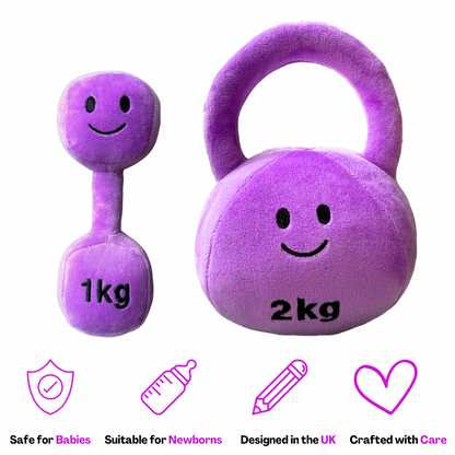 Hazza Toyz Lavender Purple plush kettlebell and dumbbell set, designed for toddlers to support sensory play and motor skill development