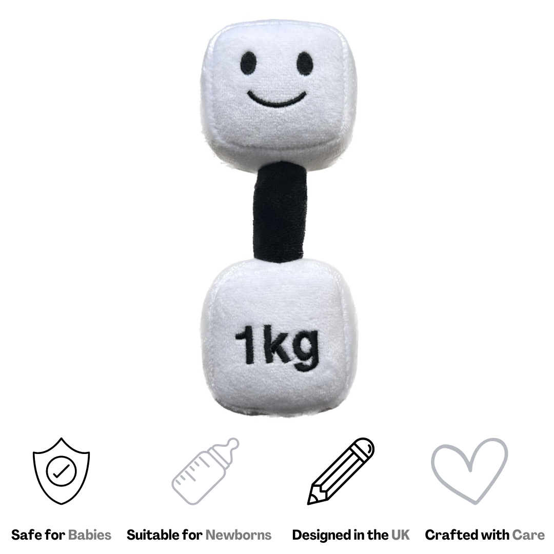 Hazza Toyz Lamby Black and White dumbbell, soft plush toy designed for babies and toddlers, promoting sensory play and motor skill development