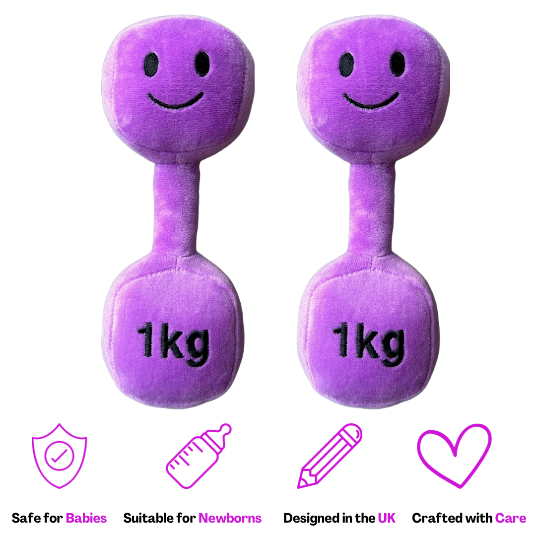 Hazza Toyz Lavender Purple dumbbell double pack, soft plush toys for toddlers designed for sensory play and motor skill development