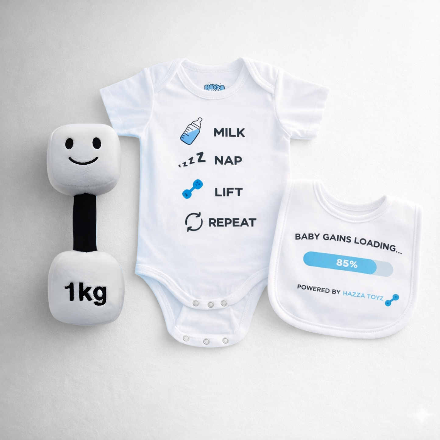 Lil Lifter Starter Set – Plush Dumbbell Toy + Bib + Bodysuit
