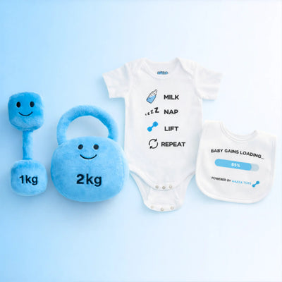Lil Lifter Superset featuring Mystic Blue plush 1kg dumbbell and 2kg kettlebell with Milk Nap Lift Repeat bodysuit and Baby Gains Loading bib