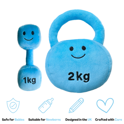 Hazza Toyz Mystic Blue kettlebell and dumbbell set, soft plush toys for toddlers, ideal for sensory play and motor skill development