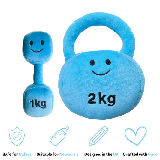 Hazza Toyz Mystic Blue kettlebell and dumbbell set, soft plush toys for toddlers, ideal for sensory play and motor skill development