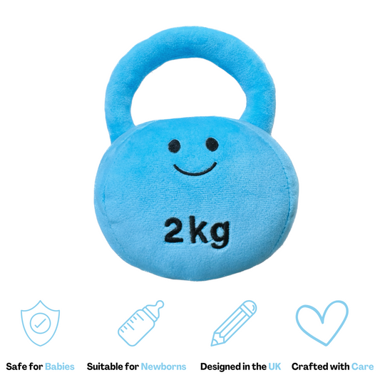 Hazza Toyz Mystic Blue kettlebell, soft plush toy designed for babies and toddlers, encouraging sensory play and motor skill development