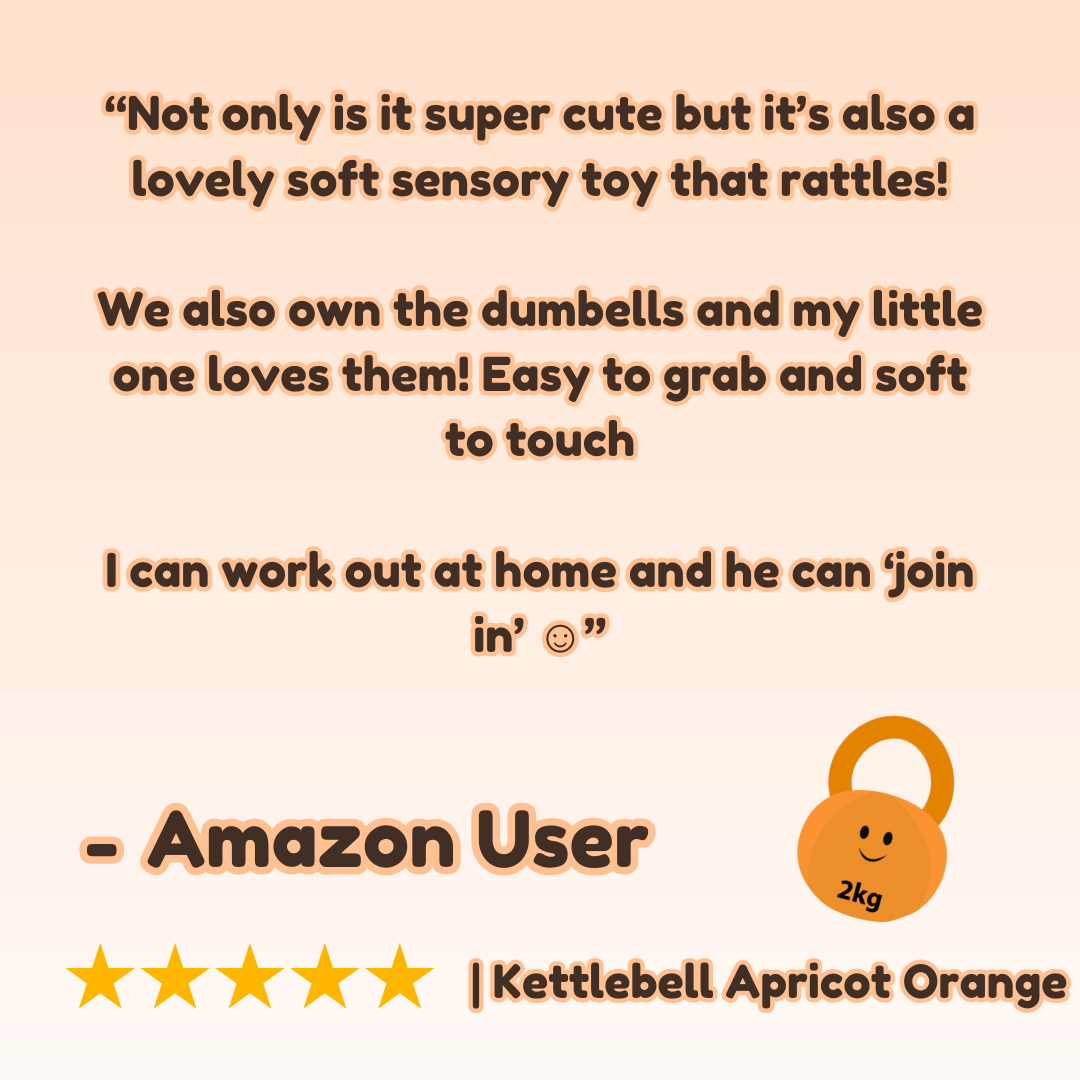 Real parent review of the Apricot Orange kettlebell, highlighting positive experiences with Hazza Toyz fitness-inspired toys designed for toddlers’ safe and active play.