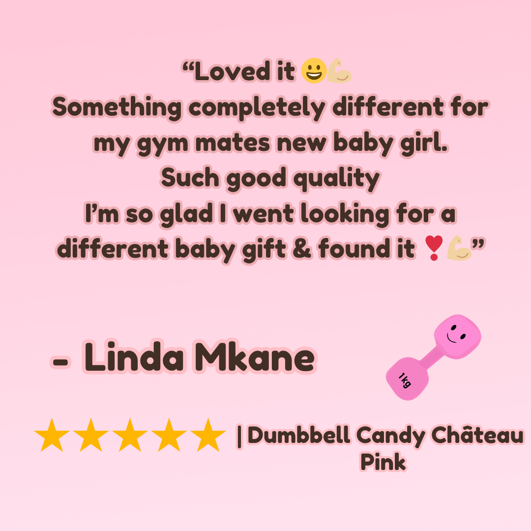 Real parent review of the Candy Chateau Pink dumbbell, sharing positive feedback on Hazza Toyz fitness-inspired toys for toddlers, designed for safe and engaging play.