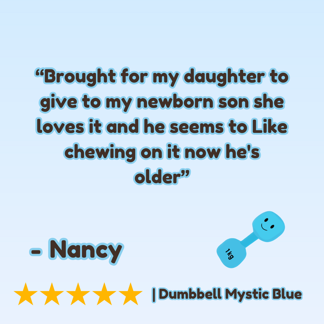 Real parents’ review of the Mystic Blue dumbbell, highlighting positive feedback on Hazza Toyz fitness-inspired toys designed for toddlers’ active and safe play.