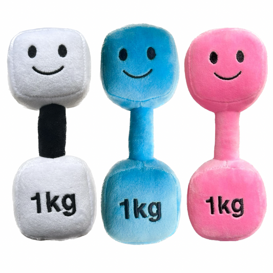 Hazza Toyz triple pack of dumbbells in Mystic Blue, Lamby Black and White, and Candy Chateau Pink, soft plush toys designed for toddlers' sensory play and motor skill development