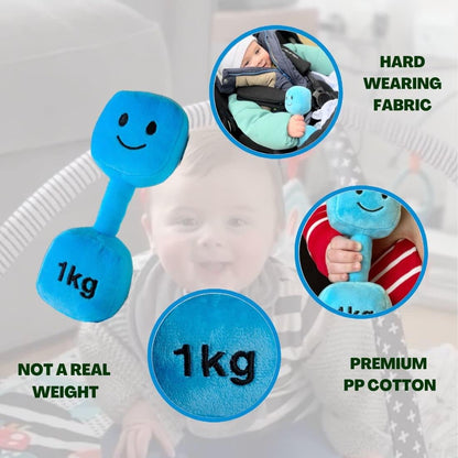 Mystic Blue dumbbell placed at a point-of-sale display, showcasing Hazza Toyz fitness-inspired toys for toddlers, designed to encourage active play.